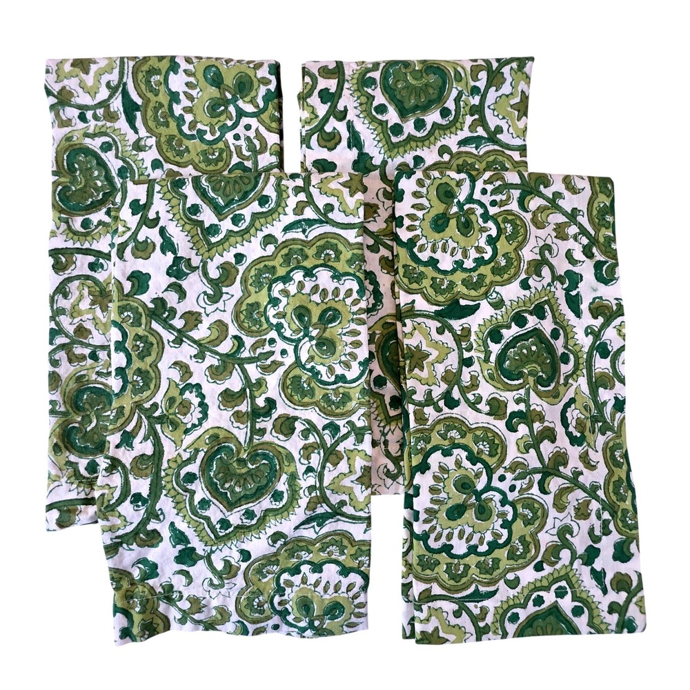 Pottery Barn Green Paisley Cotton Cloth Napkin Set 4 20x20 Floral Block Print